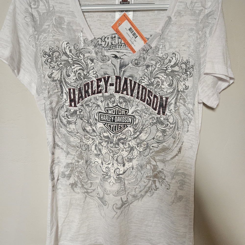 Harley-Davidson Women's White and Black V-Neck Tee